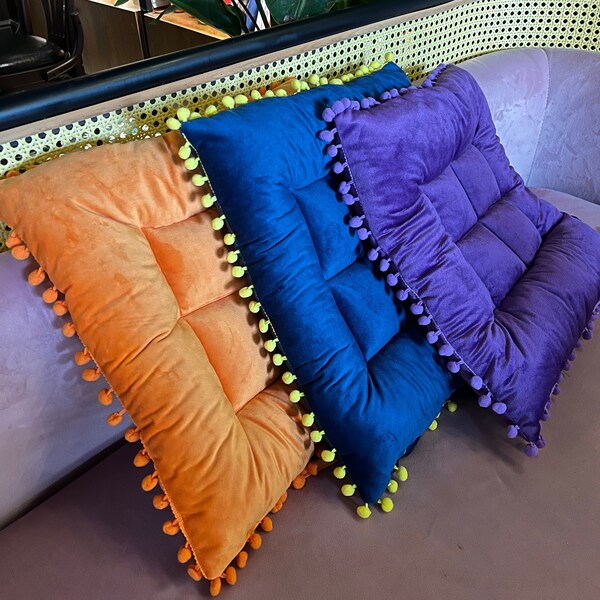 Square Chair Pads With Pompom Ball - Multi-color Cushions With Ties - Dining Chairpad - Office Seat Pads