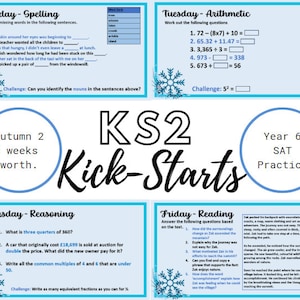 Puede incluir: Una hoja de trabajo colorida para la práctica de KS2 Kick-Starts. La hoja de trabajo incluye actividades de ortografía, aritmética, razonamiento y lectura. La hoja de trabajo está decorada con copos de nieve y el texto "Otoño 2, 7 semanas de valor" y "Práctica SAT de 6º grado".