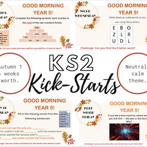 May include: A colourful printable worksheet with an autumn theme. The worksheet is divided into six sections, each with a different activity for children. The activities include a maths pyramid, a word search, a sentence completion exercise, a time travel prompt, and a word puzzle. The worksheet is titled "KS2 Kick-Starts" and features a neutral, calm theme.