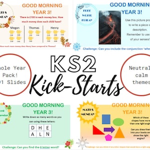 May include: A colourful image with the text "KS2 Kick-Starts" in a large font. The image is divided into four sections, each with a different theme. The top left section features a maths problem with money. The top right section features a volcano erupting. The bottom left section features a word puzzle. The bottom right section features a geometry problem.