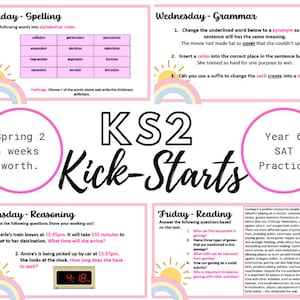 Op de afbeelding: Een kleurrijk, printbaar werkblad voor KS2-leerlingen met een regenboog- en zonontwerp. Het werkblad bevat activiteiten voor spelling, grammatica, redeneren en lezen. De tekst op het werkblad bevat "Lente 2, 6 weken waard", "Jaar 6 SAT-oefening", "Maandag - Spelling", "Woensdag - Grammatica", "Donderdag - Redeneren" en "Vrijdag - Lezen".
