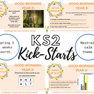 Peut inclure: Une feuille de travail imprimable colorée pour les enfants avec le texte "KS2 Kick-Starts" en grande police. La feuille de travail est divisée en quatre sections, chacune avec un thème différent : "Free Write Friday", "Hey It's Tuesday", "Word Wednesday", et "Maths Monday". Chaque section comprend un défi pour les enfants à relever.