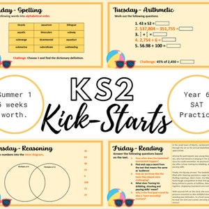 Può includere: Un poster colorato con il testo "KS2 Kick-Starts" in grandi lettere nere. Il poster è diviso in quattro sezioni, ognuna con un argomento diverso: Ortografia, Aritmetica, Ragionamento e Lettura. Ogni sezione ha un titolo, una descrizione e una domanda di sfida. Il poster è progettato per aiutare i bambini ad imparare e mettere in pratica le loro abilità.