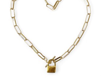 14k gold plated padlock toggle chunky paperclip choker necklace • WORLD'S END