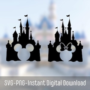 May include: Black silhouette castle designs with Mickey Mouse ears and a Minnie Mouse bow. The image includes the text "SVG-PNG-Instant Digital Download". The castle has multiple turrets and flags.