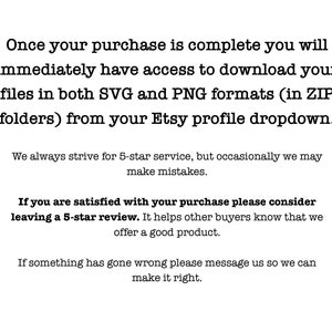 May include: Text explaining how to download digital files after purchase. It says, "Once your purchase is complete you will immediately have access to download your files in both SVG and PNG formats (in ZIP folders) from your Etsy profile dropdown." It also includes information about customer service and reviews.