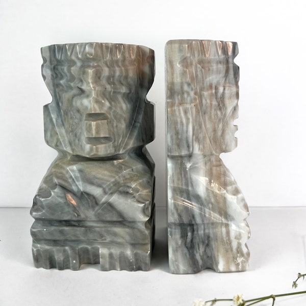 Set of 2 Vintage Marble Tiki Bookends, Heavy Carved Marble Grey/White Bookends, Aztec Mayan Tiki Carved Marble Stone