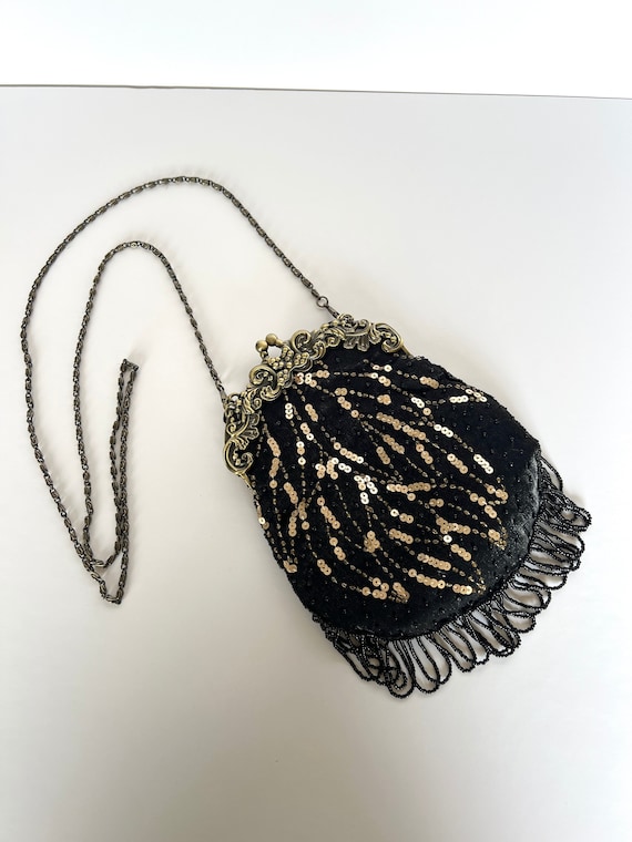 Vintage Sequin Beaded Metal Frame Handbag with Be… - image 1