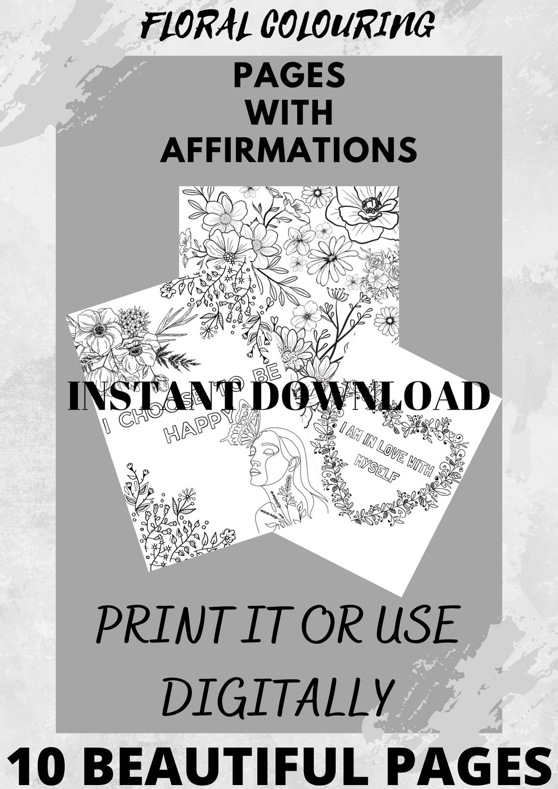 10 Printable Floral Colouring Pages With Affirmations Etsy