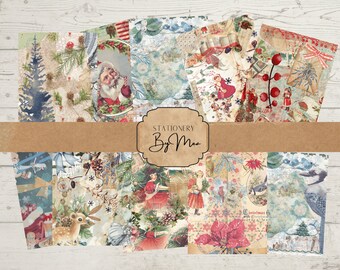 May include: A set of 12 digital papers featuring a vintage Christmas theme with images of Santa Claus, snowmen, reindeer, and winter scenes. The papers are in a variety of colors, including red, green, blue, and white.
