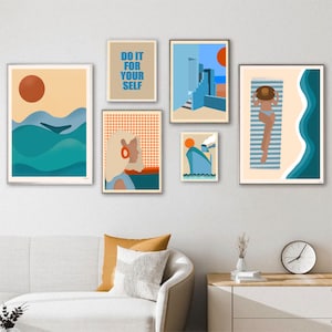 SET 6 Illustrations, Sunset, Print, Mural art.