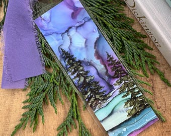 Evergreen trees, alcohol ink print, bookmark, unique gift, handmade, for book lovers