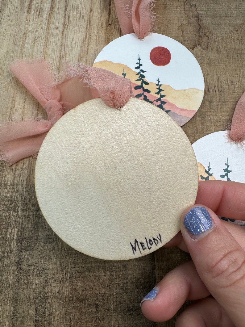 Mountain Sun Trees Ornaments 3 Round and 1/8 Thick, Watercolor