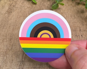 LGBTQ+ progress pride sticker, retro design, measures  2”, waterproof vinyl with a matte finish