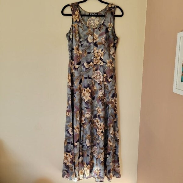 Vintage 90s All that Jazz Blue Floral Sleeveless Rayon Maxi