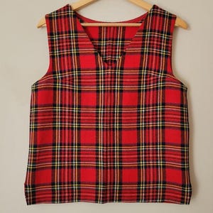 Vintage Handmade Wool Plaid Tartan Red Sleeveless Top or Vest Size S/M