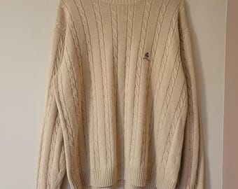 Suéter vintage Y2K Tommy Hilfiger de punto de cable de algodón para hombre, beige, talla grande