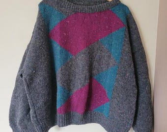 Suéter vintage de lana gris de gran tamaño, tejido a mano y con diseño geométrico