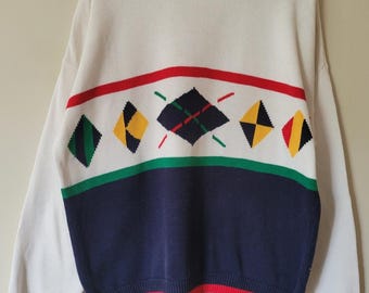 Jersey unisex de cuello redondo de punto de algodón con estampado náutico de rombos, estilo preppy vintage de los 80, talla grande.
