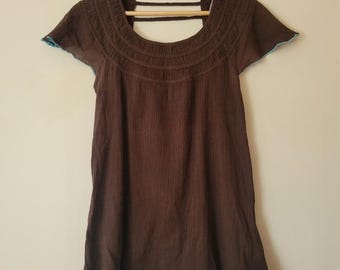 Babydoll vintage Y2K de Free People, top bohemio marrón de algodón arrugado y vaporoso, talla pequeña