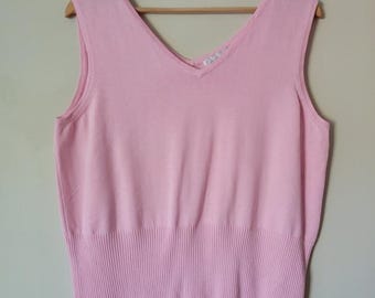 Suéter vintage de punto rosa pastel para mujer, chaleco con cuello en V, talla XL