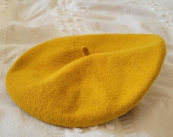 Boina vintage de fieltro de lana de color amarillo mostaza para mujer