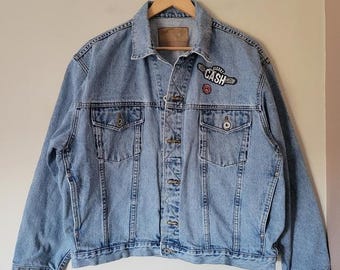 Chaqueta vaquera estilo camionero vintage de los años 90 con lavado claro y parches de Johnny Cash, talla L