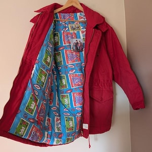 NWT Vintage 90s Warm Winter Puffer Coat Parka Red Deadstock Funky Lining Size L