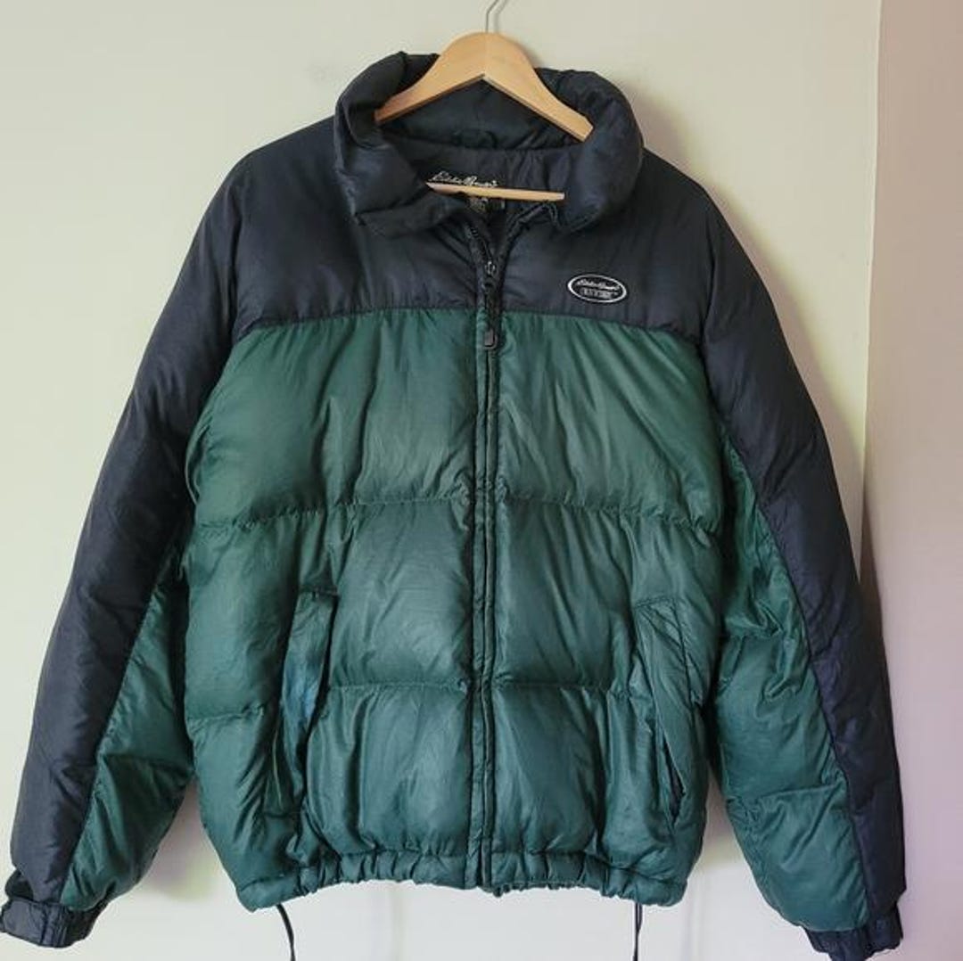 Vintage Eddie Bauer Green and Black Down Short Puffer Jacket 90s 