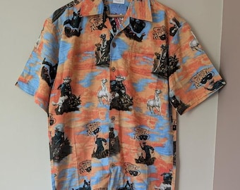 Camisa hawaiana vintage de manga corta estilo vaquero estilo western con botones para hombre, talla mediana, de algodón y rayón.