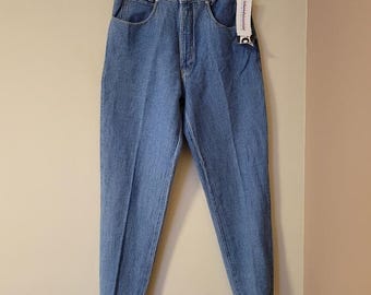 Vaqueros vintage de los años 90 con estribos, tiro alto, pierna cónica, elásticos, lavado medio, 29
