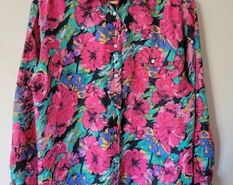 Blusa vintage de seda de los años 80 para mujer, abotonada, con estampado floral llamativo, talla pequeña.