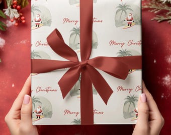Cadeaupapier, surfende kerstman, tropische kerst, kerstcadeaupapier, inpakbenodigdheden voor de feestdagen, feestelijk inpakpapier, cadeau kerstman