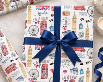 Inpakpapier met Londense motieven | Cadeauverpakking met afbeeldingen van de Big Ben, de rode bus en de telefooncel | Cadeauverpakking voor op reis in het Verenigd Koninkrijk | Vakantiecadeauverpakking