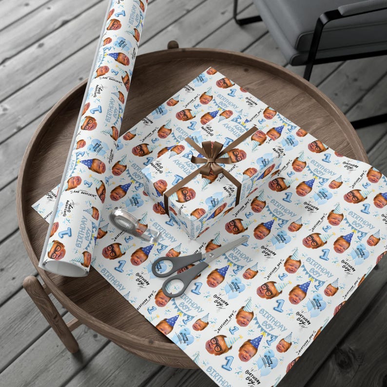 Personalized Face Wrapping Paper, Custom Photo Gift Wrap, Boys 1st Birthday Wrap, Custom Age Photo Wrap, Funny Face Birthday Paper image 10