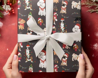 Geschenkverpackung, Hunde-Weihnachtsgeschenkpapier, Welpen in Weihnachtslichtern, Hundeliebhaber Urlaub Geschenkverpackung, Welpe Thema Geschenkverpackung, festlich