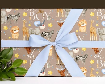 Inpakpapier, aangepaste cadeauverpakking babyshower babyjongen, dierentuindierenthema, babydieren, verjaardagscadeau, inpakvellen