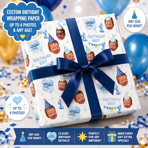 Personalized Face Wrapping Paper, Custom Photo Gift Wrap, Boys 1st Birthday Wrap, Custom Age Photo Wrap, Funny Face Birthday Paper image 1