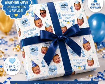 Inpakpapier met gepersonaliseerde gezichten, cadeaupapier met foto, inpakpapier voor de eerste verjaardag van een jongen, inpakpapier met foto en leeftijd, grappig verjaardagspapier