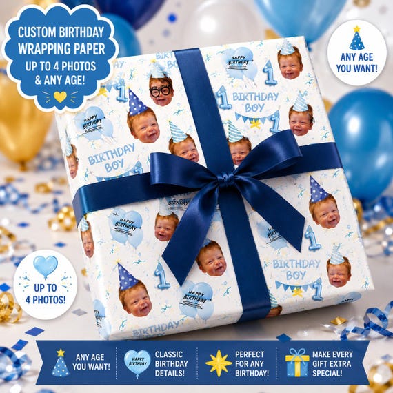 Personalized Face Wrapping Paper, Custom Photo Gift Wrap, Boys 1st Birthday Wrap, Custom Age Photo Wrap, Funny Face Birthday Paper