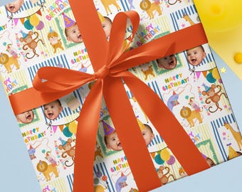 Inpakpapier, feestbeest verjaardagsthema, aangepast gezicht, elke leeftijd, dierentuindier, gepersonaliseerde cadeauverpakking, benodigdheden voor feest