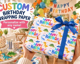 Personalisiertes Dinosaurier-Geburtstagsgeschenkpapier, Geschenkpapier mit individuellem Namen, buntes Dino-Geburtstagspapier, Geschenkpapier für Kindergeburtstage
