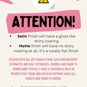 K&ouml;nnte beinhalten: Achtung! Eine rosa und wei&szlig;e Grafik mit einem gelben Warnschild und dem Text "Achtung!" Satin-Finish hat einen Glanz wie eine gl&auml;nzende Beschichtung. Mattes Finish hat &uuml;berhaupt keinen Glanz, es ist ein v&ouml;llig mattes Finish. Bitte beachten Sie, dass alle Geschenkverpackungen endg&uuml;ltig verkauft werden und die Lieferzeiten nur Sch&auml;tzungen sind. Bestellungen werden auf Bestellung gefertigt und dauern in der Regel 3-5 Werktage in der Produktion. Es gibt keine Express-Optionen, da alle Bl&auml;tter auf Bestellung gefertigt werden. Z&ouml;gern Sie nicht, sich bei Fragen zu melden. Ich bin jederzeit f&uuml;r Sie da.