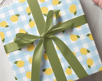 Gift Wrap Paper, Italian Lemons, Amalfi Coast Design, Italy Wedding Gift Wrap, Blue Gingham, Lemon Pattern Wrapping Paper, Italy Gift Wrap
