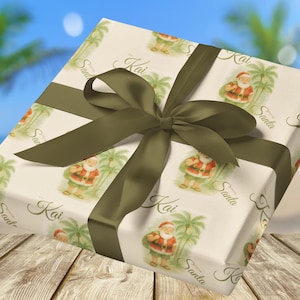 Gift Wrap Papers, Custom Christmas Wrapping with Santa, Palm Tree, Beach Santa, Giftwrap for Tropical Christmas