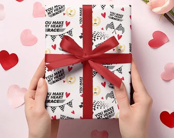 Custom Race-thema Valentijnsdag cadeaupapier, Nascar Fan cadeaupapier, je laat mijn hart sneller kloppen, uniek liefdescadeaupapier, punny cadeaupapier