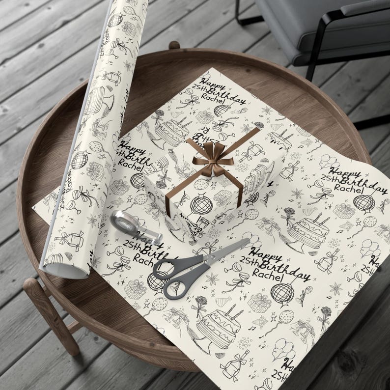 Verjaardagscadeaupapier, gepersonaliseerde cadeauverpakking voor elke leeftijd, champagnecocktails strikken, girly feestdecor, 21e 25e 26e 30e, Doddles afbeelding 6