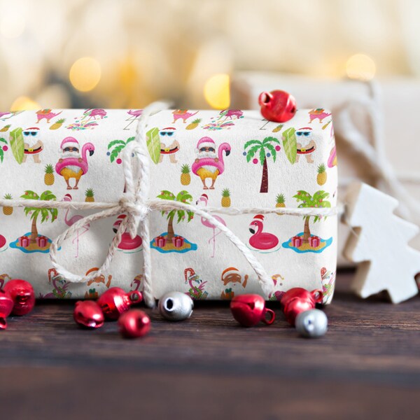 Tropical beachy christmas wrapping paper, florida christmas, tropical santa giftwrap, beach christmas, surfing santa wrapping paper 1pc