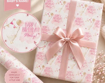 Gepersonaliseerd inpakpapier met gansmotief voor een verjaardag | Cadeaupapier op maat voor een verjaardag | Inpakpapier met de tekst 'Happy Birthday' | Grappig inpakpapier met gansmotief voor een verjaardag |