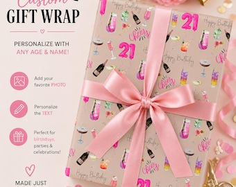 Gepersonaliseerd cocktail-verjaardagscadeaupapier | Cadeaupapier met naam en leeftijd op maat | Cadeaupapier voor een 21e verjaardag | Champagne-verjaardagscadeaupapier |